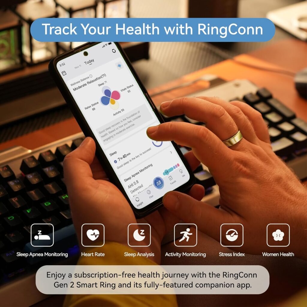 RingConn Gen 2, World’s First Smart Ring with Sleep Apnea Monitoring, No APP Subscription, 12-Day Battery Life, Stress/Heart Rate/Womens Health Tracker, Android iOS Compatible (Black, Size 10)