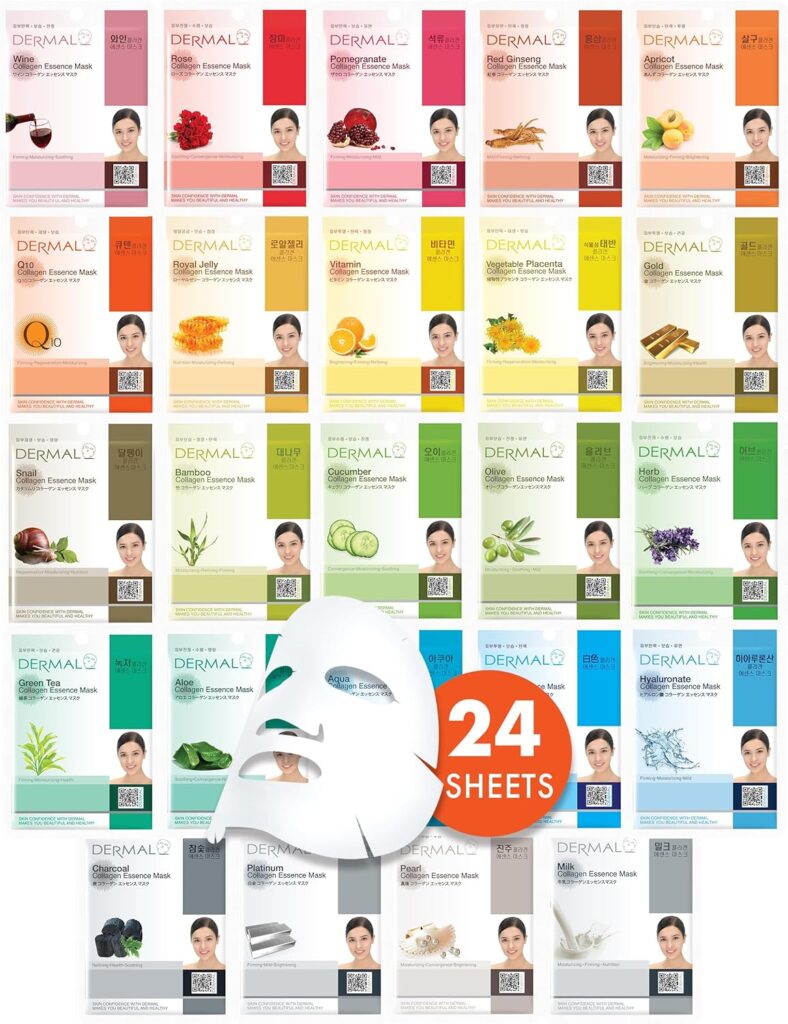 DERMAL 24 Combo Pack A Collagen Essence Korean Face Mask - Hydrating Soothing Facial Mask with Panthenol - Hypoallergenic Self Care Sheet Mask for All Skin Types - Natural Home Spa Treatment Mask